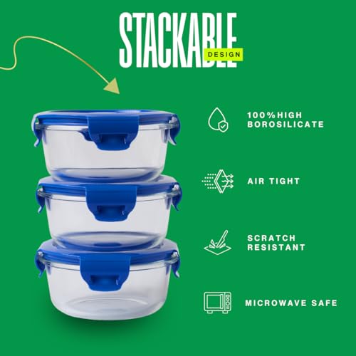 Image of United Colors of Benetton 400ML Borosilicate Glass Food Storage Container with Airtight Coloured Lid - Leakproof, Microwave, Oven, Freezer & Dishwasher Safe - Durable & Reusable Lunch /Dinner Box
