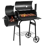 LEHMANN Barbecue Charbon de Bois et Fumoir 2 en 1, Grille de Cuisson XXL, Couvercle avec Thermomètre et Poignée non Chauffante, Tablette Pliable & Étagère inférieure, BBQ mobile avec 2 Roues