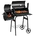 LEHMANN Holzkohlegrill & Smoker Grill 2-in-1, BBQ Grill mit Deckel, integriertem Thermometer und hitzebeständigem Griff, fahrbarer Grillwagen mit Rädern, 2-Kammern Standgrill für Garten, Schwarz