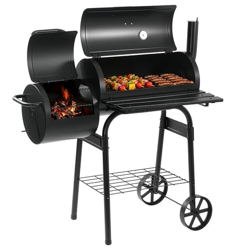 LEHMANN Barbecue Charbon de Bois et Fumoir 2 en 1, Grille de Cuisson XXL, Couvercle avec Thermomètre et Poignée non Chauffante, Tablette Pliable & Étagère...