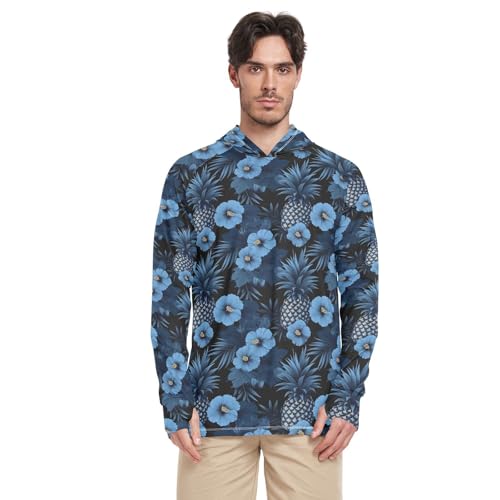 Teal Hibiscus Pineapples Men's Sun Protection Hoodie Long Sleeve UPF 50 + Mens Sun Shirts Adult Rash Guards Mens Rash Guard2