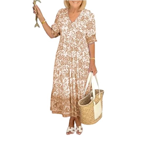 Vestido Boho con Cuello en V, Vestido de Playa de Verano Floral, Vestido Casual de Mujer 2024 (Large,Khaki)