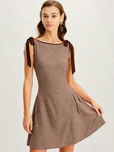 Image of RIHOAS Women's Plaid Gingham Dress Summer Midi Dresses for Women 2026 | Cute,Boat Neck,Bow Tie,A line,Vintage,Sleeveless,Spring,Winter,Casual Daily,Picnic,Travel,Vacation,Christmas Festive Occasion