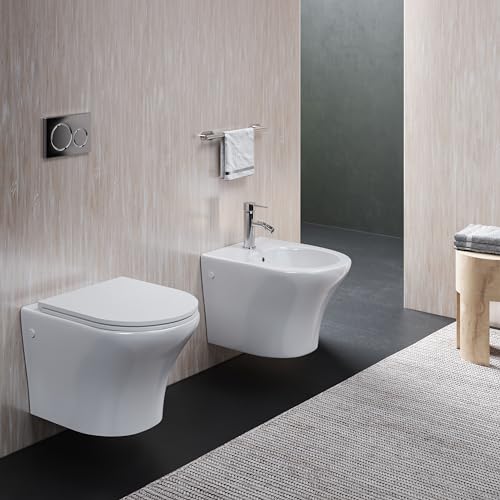 Sanitari In Ceramica Sospesi Vaso Bidet Rimless Bianco Lucido Sedile Soft-Close Chiusura Rallentata Mod. Nassau - 2