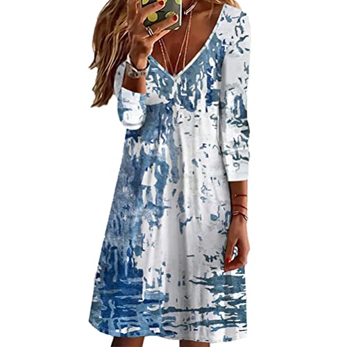Osheoiso Kleider Damen Herbst Lang Elegant Sommerkleider Boho Lose Swing Kleider Strandkleid Midikleid Blumen Maxikleider Mode Rüschenkleid A Linien Kleid Große Größe F Blau XL Cover