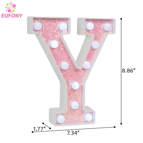 Image of Pink Glitter Marquee Light Up Letters, Battery Operated LED Letter Lights Signs for Pink Birthday Party Table Decorations, Wall Decor for Girls Bedroom, Initial Letter Y with Cool White Lights