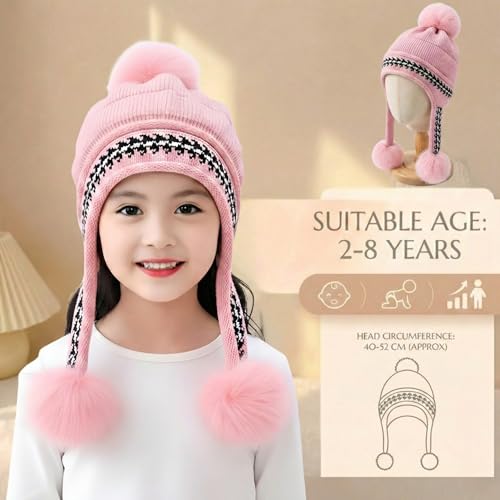 Image of Kraptick Children's Winter Cap: Velvet Thick Warm Woolen Knit Hat with Ear Protection for Children Stylish Korean Beanie with Long Pompom Ears & Fleece Lining Perfect for Winter -4