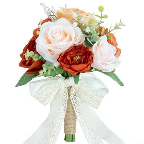 Sumsoctober Elegante bouquet da sposa con eleganti fiori di seta arancione bruciato e rose in terracotta per decorazione sposa damigella d'onore (arancione)