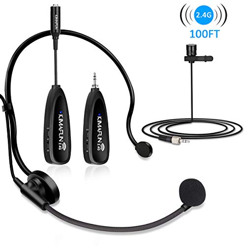 Wireless Microphone Set, KIMAFUN 2.4G Wireless Headset Microphone and Lavalier Lapel Mics, Beltpack