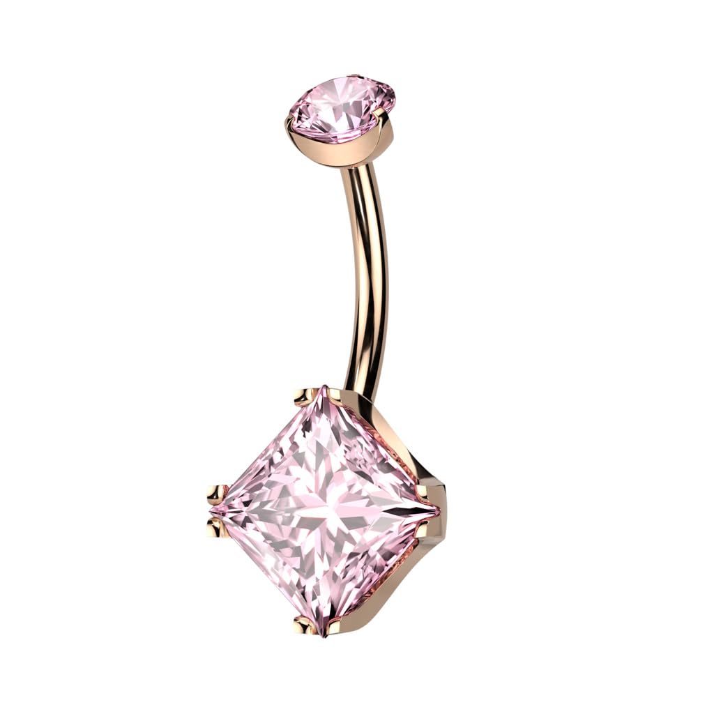 Tata Gisèle Piercing para ombligo de titanio y circonios – Barra de plátano con 1 circonita redonda y 1 gran circón cuadrado engarzado 4 garras