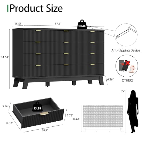 Image of Xixini Fluted Dresser for Bedroom with 12 Drawers, 57 inch Wide Modern Chest of Drawers with Metal Handle, Wooden Dresser TV Stand, Wood Closet Clothes Storage Organizer for Living Room, Hallway, Black