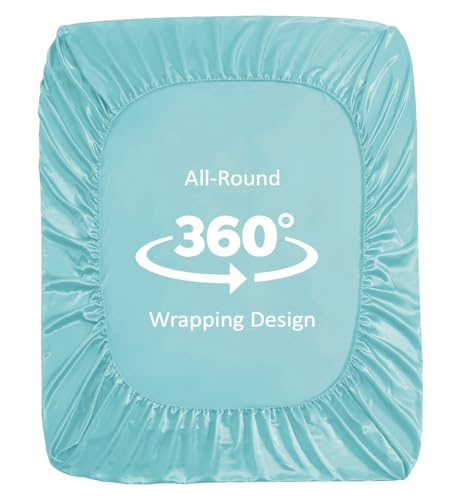 Image of SanMarino Luxury Satin 360 Fitted King Size Bedsheet with 2 Pillow Covers | 300 TC Silky Smooth Satin Bed Sheet | Wrinkle-Resistant Deep Pocket Elasticated Bedsheet | 78 x 72 + 10 Inches (Aqua Blue)