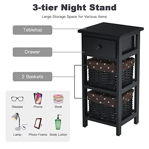 GIANTEX Nachttisch Nachtschrank, Nachtkommode mit Schublade & 2 Körben, Korbkommode Antik, Nachtkonsole Korbregal Massivholz, Beistellschrank Beistelltisch für Schlafzimmer (Schwarz)