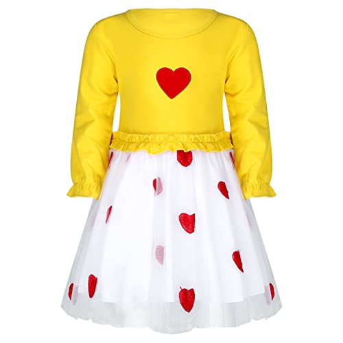 Yeahdor Toddler Girls Valentine's Day Dress Long Sleeve Heart Pattern Top Mesh Tutu Dress Yellow 12-18 Months