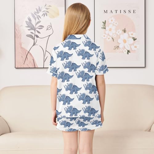 Cartoon Triceratops Pattern Summer Satin Pajama Set, Cute Button-Down Sleepwear Pj Set for Sleep Wears4