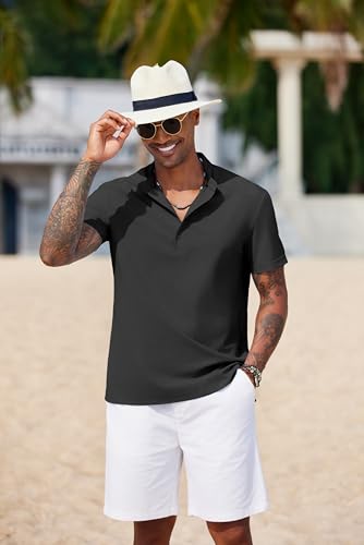 COOFANDY Men's Casual Henley Shirt Short Sleeve Band Collar Shirt Summer Beach Hippie Vacation T Shirt with Button2