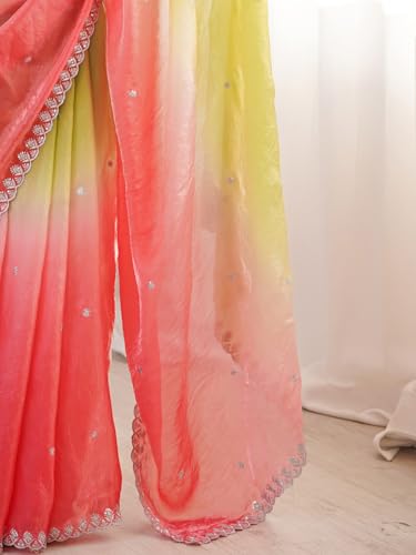 Image of AKHILAM Women's Shimmer Satin Sequence Embroidery Saree With Unstitched Blouse Piece(AARYAN21701 KR Parent)
