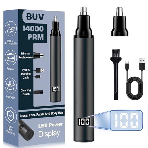 Nose Hair Trimmer with LED Display- 2025 Professional Painless Ear Hair Trimmers for Men and Women, USB Rechargeable Nose Hair Trimmer Clipper – 14,000 RPM IPX7 Waterproof Dual Edge Blades, Black E