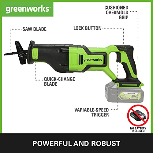 Greenworks 24V battery reciprocating saw GD24RS (Li-Ion 24V variable stroke rate control up to 2700 strokes/min for wood, plastic & metal with tool-free blade change without battery & charger) 2 Greenworks 24V battery reciprocating saw GD24RS (Li-Ion 24V variable stroke rate control up to 2700 strokes/min for wood, plastic & metal with tool-free blade change without battery & charger) - Image 2