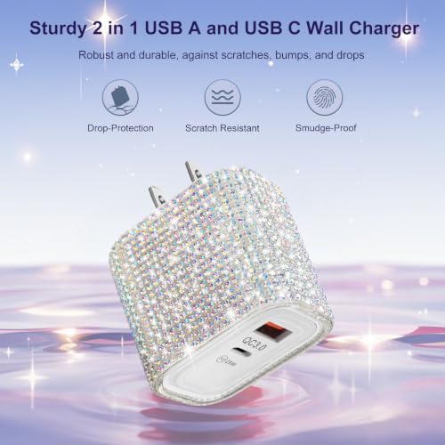 Image of Aolcev for iPhone Charger Fast Charging Bling USBA USB C Charging Block 30W | Rhinestones Type C Charger Blocks for iPhone 17 16 15 14 13 12 iPad Bling Fast USB C Adapter for Samsung S26 S25 S24 Colorful