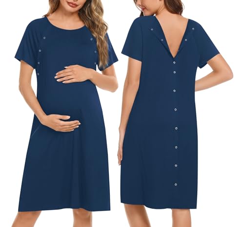 Image of Ekouaer Women’s Nursing/Delivery/Labor/Hospital Nightdress Short Sleeve Maternity Nightgown with Button S-XXL
