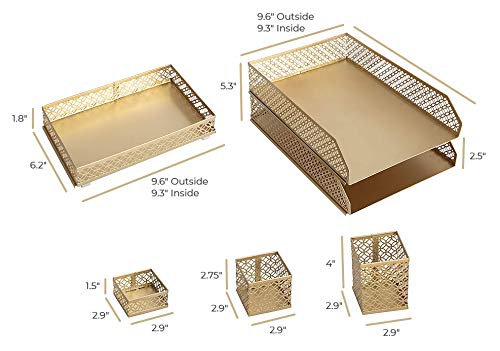 Blu Monaco Office Supplies Gold Desk Accessories For Women-6 Piece Interlocking Stylish Desk Organizer Set- Pen Cup, 3 Accessory Trays, 2 Letter Trays-Gold Office Paper Tray Holder #TOP5