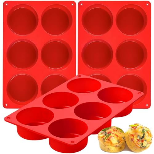 Moldes de silicona para mordeduras de huevo, paquete de 3 unidades de 3 pulgadas de profundidad, moldes redondos para huevos, desayuno, sándwiches, tortillas, rollos de cena, hornear, color rojo
