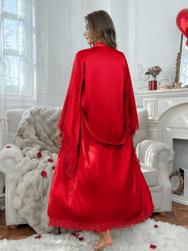 Image of Satin Lace Robe for Women Long Kimono Bathrobe Lightweight Silky Sleepwear