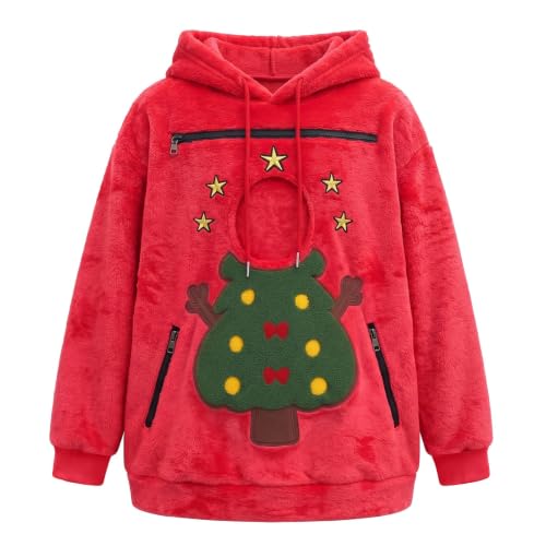 Womens Christmas Pet Pouch Hoodie with Dog Pouch Fleece Sweatshirts - image 5