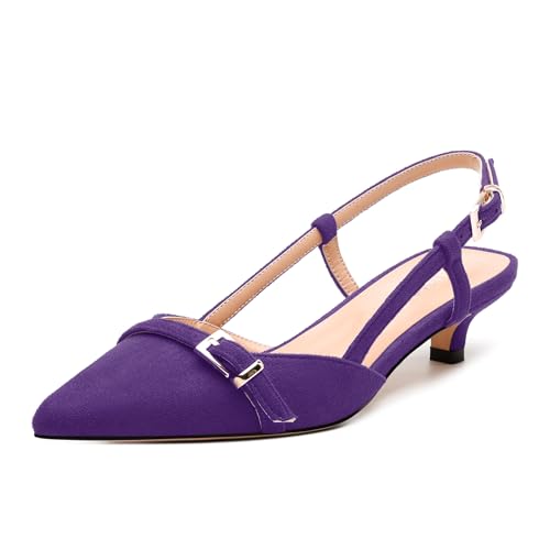 Women's Pumps, Pointed Toe Low Heels, Slingback Buckle Fashion Solid Faux Suede Pump for Women