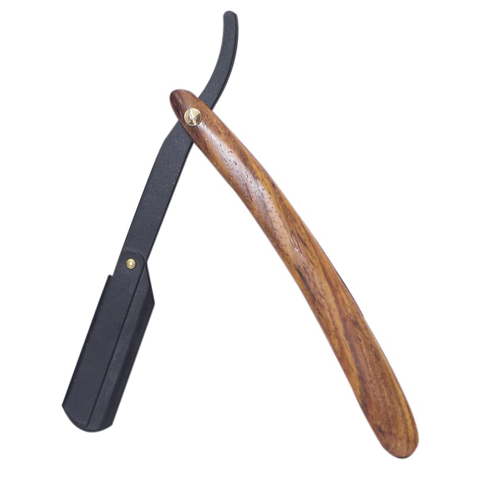 Professional Stainless Steel Straight Edge Barber Shaving Razor Folding Straight Razor Wood black Single Edge Replaceable Blades fit for All of Double Edge Razor Blades for Men (Wood Black)