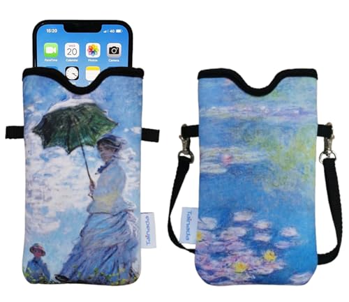 Tainada Men Women Neoprene Mobile Phone Sleeve Pouch Case Bag w/Crossbody Strap/Neck Lanyard for iPhone 17/16 Pro Max, Air, 16/15 Plus, 16e; Samsung S25+, S24, A56 (Monet Water Lilies)