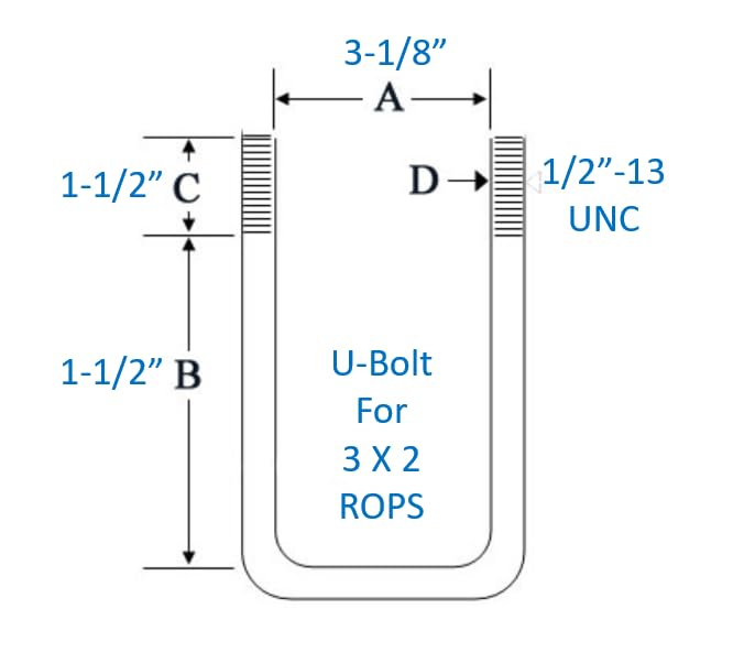 Image of U-Bolts for 3x2 ROPS Tractors, Zinc Plated U-Bolt with Washers and Nyloc Nuts, 1 /2 inch D x 3-1 /8 inch (Inside Width) W x 3-1 /2 inch L, 4 Pack