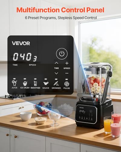 Image of VEVOR Blender, 68 oz Professional Countertop Blenders with Shield, 2200W 26000RPM Kitchen Food Processor Combo, Self-Cleaning, Speed Adjustable, 6 Preset Menu for Smoothies, Ice Crushing, Puree, Black