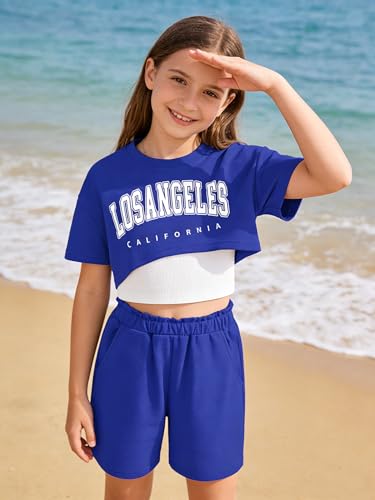 Image of Girl's Summer 3 Piece Outfits Graphic Short Sleeve Crop Top Cami and Shorts Clothes Set