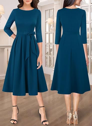 Image of VFSHOW Womens Work Business Casual Church Pockets Belted A-Line Midi Dress