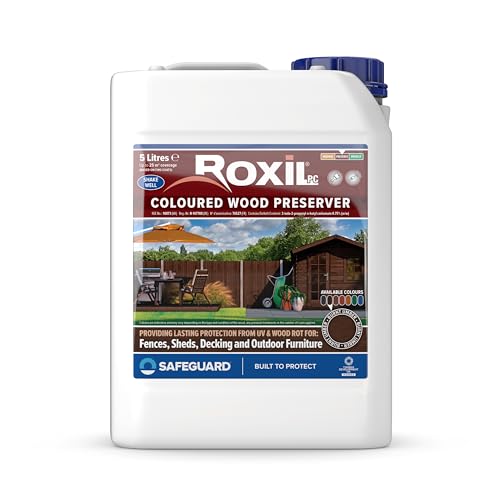 Roxil PC Farbiger Holzschutz (5L) Gebrannter Umber - Schnell trocknend – Satin Finish | UV-beständig | Holzbeize für Hart- und Weichholz im Innen- und Außenbereich