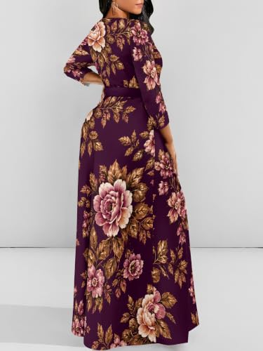 Image of Women Plus Size Long Sleeve V Neck Maxi Dress with Belt | Soft fabric relaxed fit three quarter sleeve v neck with pockets for party and daily wear