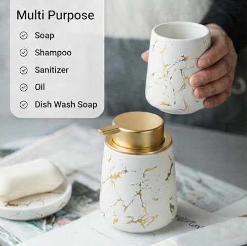 Image of Ceramic Bath Accessories Set of 3 (Luxe White) - 400ml Soap Dispenser, Tumbler & Soap Dish, White with Gold Marble Design, Bathroom Countertop Organizer for washbasin