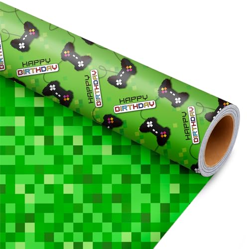 MuCzJn Reversible Gaming Wrapping Paper Roll – Green Controller Design with Pixel Grid Back – Gift Wrap for Birthdays & Holidays, for Kids, Boys & Gamers – 17 Inches x 16.5 Feet (24 sq. ft)