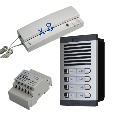 Portero Automático con Sistema de analogico 4+n, para comunidades Completo :Placa Calle,telefonillos Caja de empotrar y Fuente de alimentacion. gran calidad de fabricacion (8 viviendas)