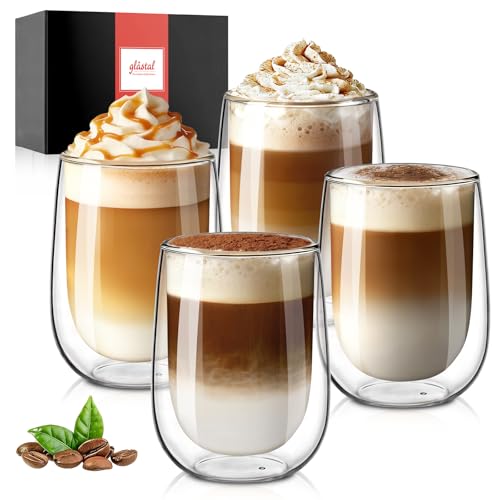 glastal 4x350ml Double Walled Coffee Glasses Mugs Cappuccino Latte Macchiato Glasses Cups for Coffee Tea Milk Juice Ice Cream Borosilicate Heat Resistant Glass Cups