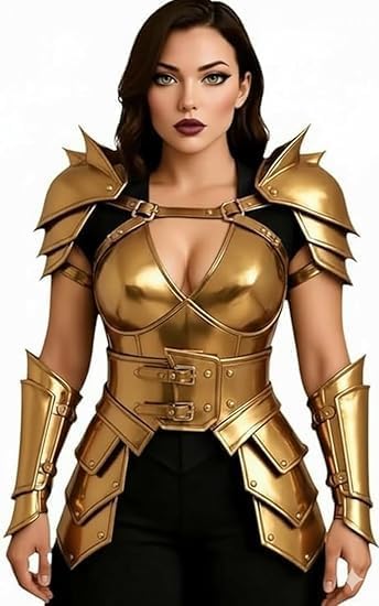 Medieval Lady Armor Breastplate, Arm Guard, Pauldron & Tasset, Fantasy Elegant Female Warrior in Golden Armor, Powerful Noble Woman, Medieval Armor for Home Decor