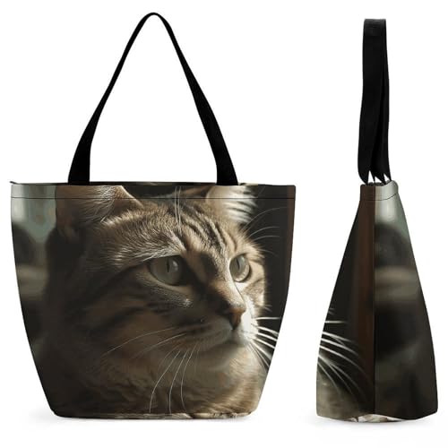Women Tote Bags with Handles Tabby Cat Shoulder Bag with Zipper Handbags Shopping Bags Travel Bag Beach Bag Reusable Grocery Bag for Swim Holiday Gift