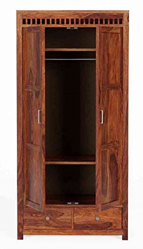 Image of WOODLAB Furniture Sheesham Wood Two Door and Drawer Storage Wardrobe for Home Wooden Almirah for Bedroom (Honey Finish)
