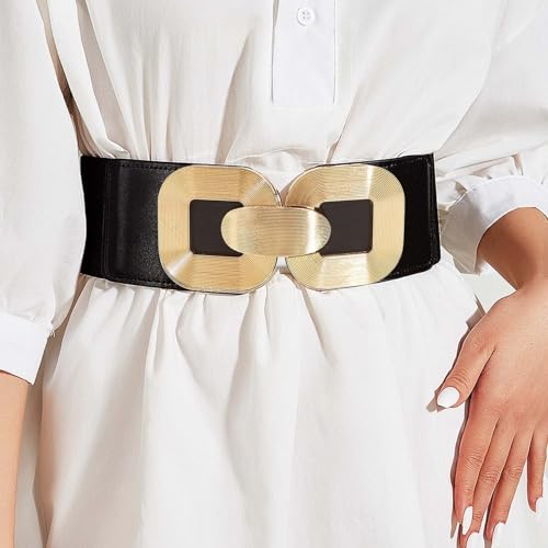 Black Elastic Waist Belts for Women Big Gold Buckle Belt for Dress Fashion Stretchy Wide Belt for Ladies 6