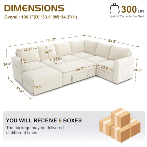 Image of 106.7 inch U-Shaped Modular Sectional Sofa with Pull-Out Bed & Storage, Modern 7-Seat Convertible Couch, Comfy L-Shape Sectional for Living Room, Apartment, Beige