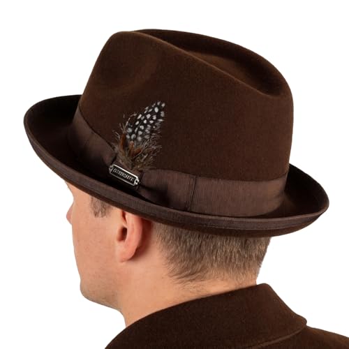 Mens Wool Fedora Hat with Band and Feather Classic Short Brim Panama Dress Hat for Women Brown
