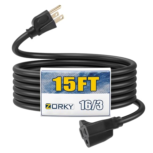 Image of 15ft Outdoor Extension Cord - 16 /3 Heavy Duty SJTW Waterproof Black Electrical Cable with 3 Prong Grounded Plug for Safety, Great for Lawn and Major Appliances