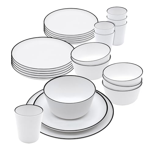 Service de vaisselle de camping en mélamine blanche - 24 pièces - Assiette, bol à céréales et gobelet - Vaisselle de camping pour 4 personnes - Accessoires de...